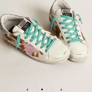 Golden Goose cow print superstar sneakers with glittery heel tab, Size 40
